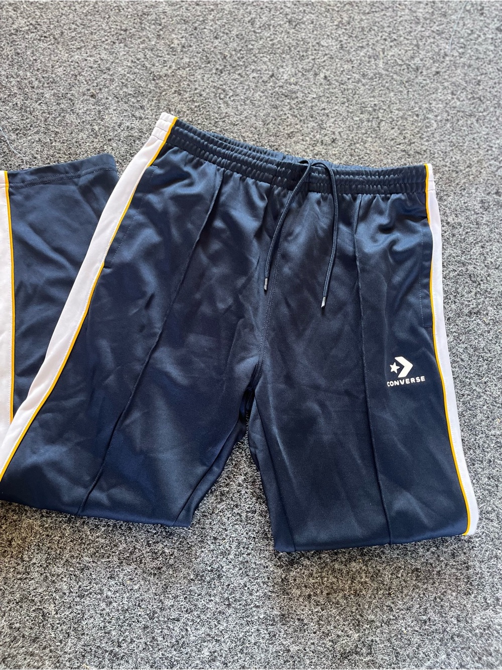 Converse Navy Athletic Pants with White Side Panels and Yellow Piping